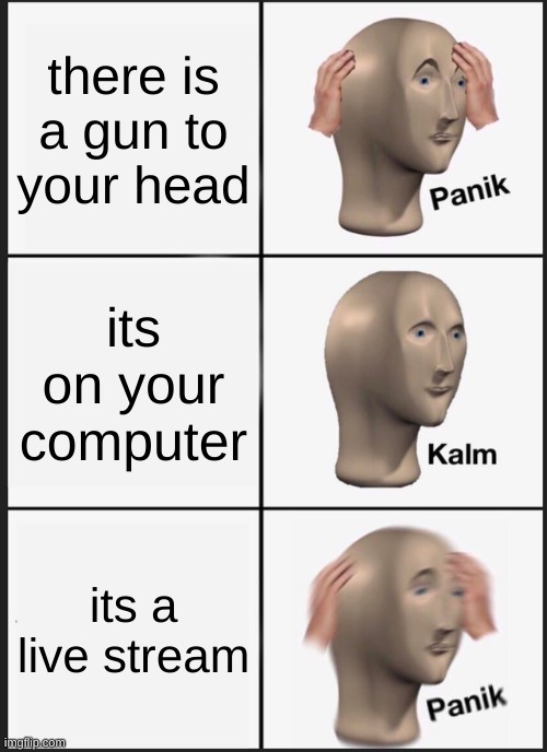 Panik Kalm Panik Meme | there is a gun to your head; its on your computer; its a live stream | image tagged in memes,panik kalm panik | made w/ Imgflip meme maker