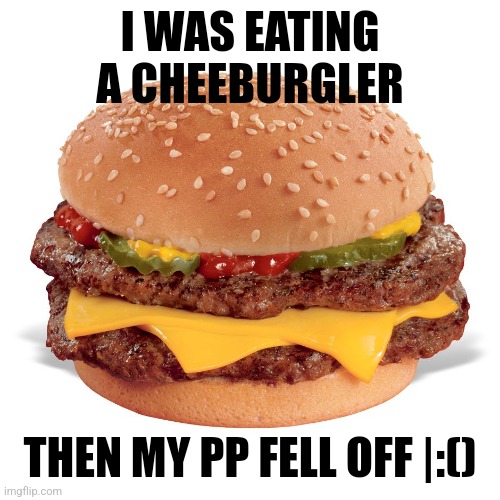 CheeseBurger | I WAS EATING A CHEEBURGLER; THEN MY PP FELL OFF |:() | image tagged in cheeseburger | made w/ Imgflip meme maker