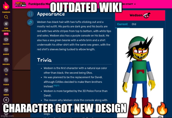 New Wedsen is fire | OUTDATED WIKI; CHARACTER GOT NEW DESIGN 🔥🔥🔥 | image tagged in popcorn edition,outdated,redesign,dave and bambi,wedsen | made w/ Imgflip meme maker