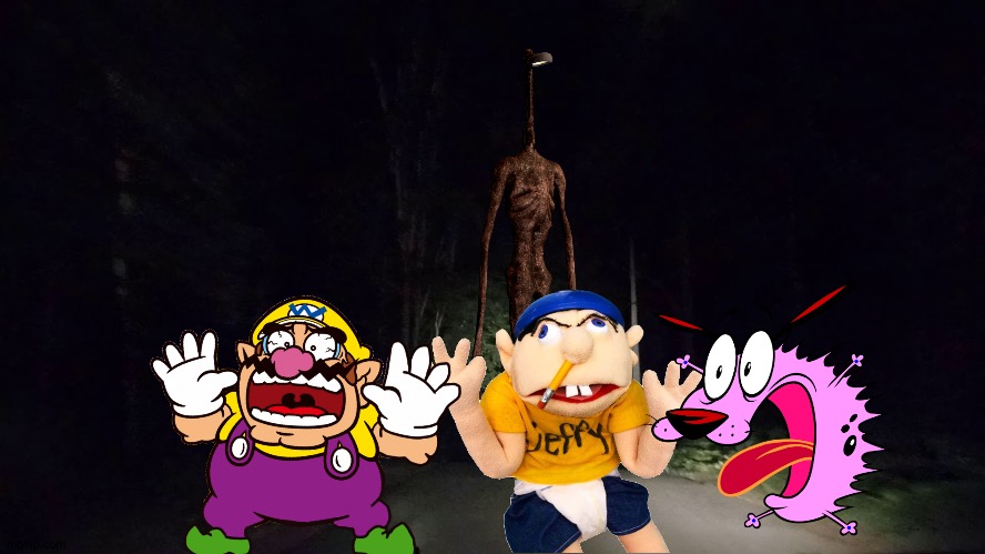 Wario,Jeffy and Courage dies by Light head while camping at night | image tagged in creepy forest,wario dies,jeffy,courage the cowardly dog,crossover | made w/ Imgflip meme maker