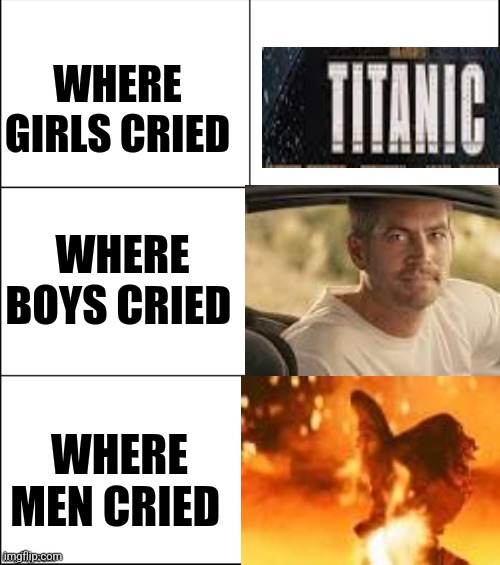6 panel | WHERE GIRLS CRIED; WHERE BOYS CRIED; WHERE MEN CRIED | image tagged in 6 panel | made w/ Imgflip meme maker
