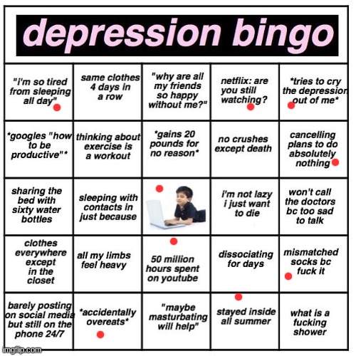 Depression bingo | image tagged in depression bingo | made w/ Imgflip meme maker