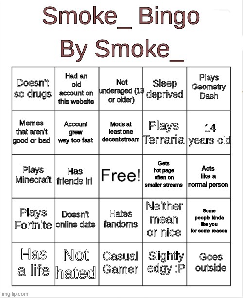 i made this like 2 months ago idk | image tagged in smoke_ bingo | made w/ Imgflip meme maker