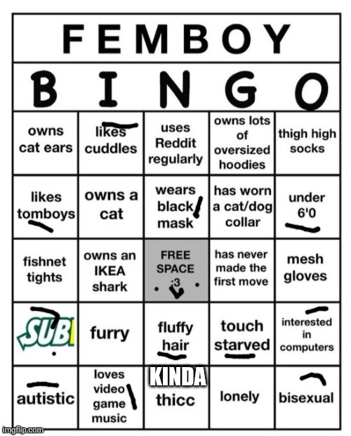 :3 | KINDA | image tagged in femboy bingo,memes,funny,femboy | made w/ Imgflip meme maker