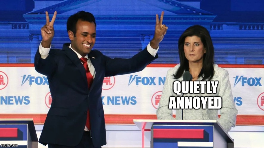 Vivek and Nikki | QUIETLY ANNOYED | image tagged in vivek and nikki | made w/ Imgflip meme maker