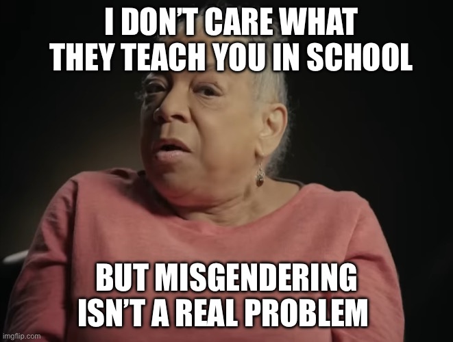 Gender | I DON’T CARE WHAT THEY TEACH YOU IN SCHOOL; BUT MISGENDERING ISN’T A REAL PROBLEM | image tagged in i don't care what they tell you in school,gender | made w/ Imgflip meme maker