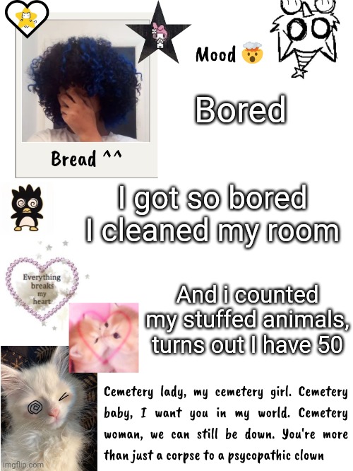 Some of them are small I promise I'm not insane guys | Bored; I got so bored I cleaned my room; And i counted my stuffed animals, turns out I have 50 | image tagged in another bred temp head exploding | made w/ Imgflip meme maker