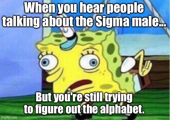 6 year olds. Learn the alphabet damit | When you hear people talking about the Sigma male... But you're still trying to figure out the alphabet. | image tagged in memes,mocking spongebob,sigma,funny,humor,alphabet | made w/ Imgflip meme maker