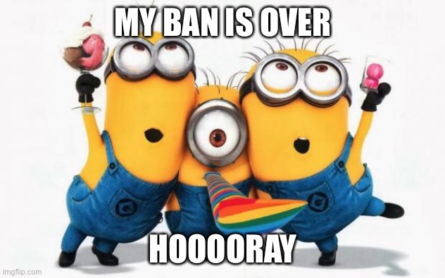 lol | MY BAN IS OVER; HOOOORAY | image tagged in minions yay | made w/ Imgflip meme maker