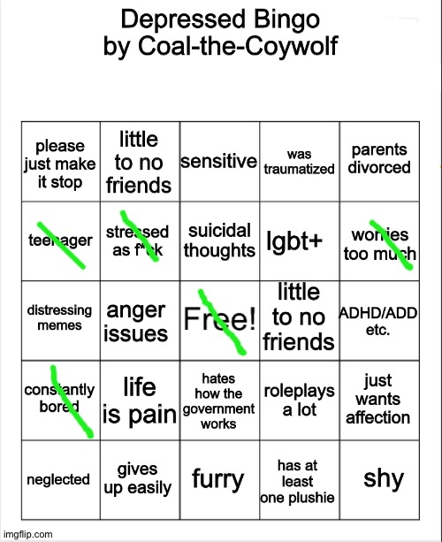 this bingo proves i am 20% depressed | image tagged in depressed bingo | made w/ Imgflip meme maker