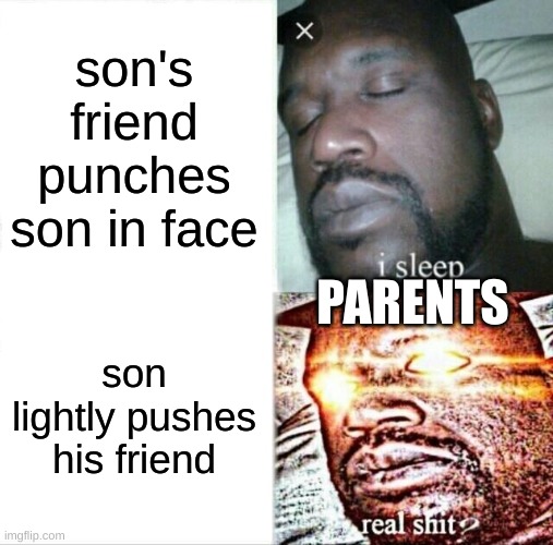 Sleeping Shaq | son's friend punches son in face; PARENTS; son lightly pushes his friend | image tagged in memes,sleeping shaq | made w/ Imgflip meme maker