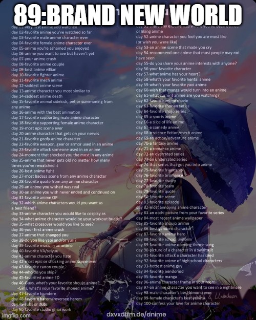 100 day anime challenge | 89:BRAND NEW WORLD | image tagged in 100 day anime challenge | made w/ Imgflip meme maker