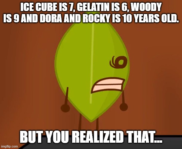 every day we stray further from god | ICE CUBE IS 7, GELATIN IS 6, WOODY IS 9 AND DORA AND ROCKY IS 10 YEARS OLD. BUT YOU REALIZED THAT... | image tagged in bfdi wat face | made w/ Imgflip meme maker