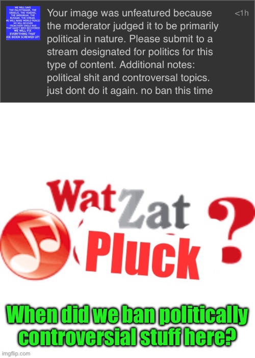 When did we ban politically controversial stuff here? | image tagged in watzatpluck announcement | made w/ Imgflip meme maker