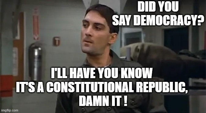 Francis - Stripes | DID YOU SAY DEMOCRACY? I'LL HAVE YOU KNOW 
IT'S A CONSTITUTIONAL REPUBLIC, 
DAMN IT ! | image tagged in francis - stripes | made w/ Imgflip meme maker