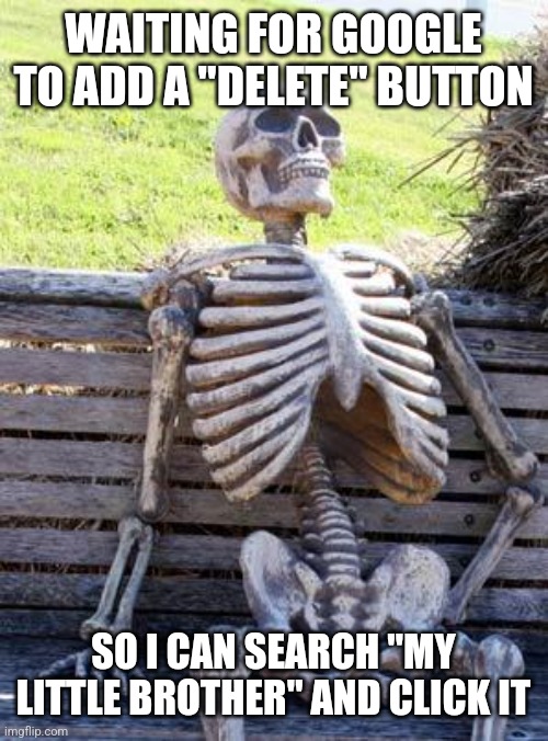 Waiting Skeleton Meme | WAITING FOR GOOGLE TO ADD A "DELETE" BUTTON; SO I CAN SEARCH "MY LITTLE BROTHER" AND CLICK IT | image tagged in memes,waiting skeleton | made w/ Imgflip meme maker