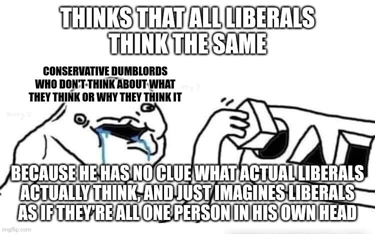 Nobody else thinks what you think they think. Try thinking about what you think and why you think it. | THINKS THAT ALL LIBERALS
THINK THE SAME; CONSERVATIVE DUMBLORDS
WHO DON'T THINK ABOUT WHAT
THEY THINK OR WHY THEY THINK IT; BECAUSE HE HAS NO CLUE WHAT ACTUAL LIBERALS
ACTUALLY THINK, AND JUST IMAGINES LIBERALS
AS IF THEY'RE ALL ONE PERSON IN HIS OWN HEAD | image tagged in stupid dumb drooling puzzle,conservative logic,thinking,dumb,stupid,idiot | made w/ Imgflip meme maker