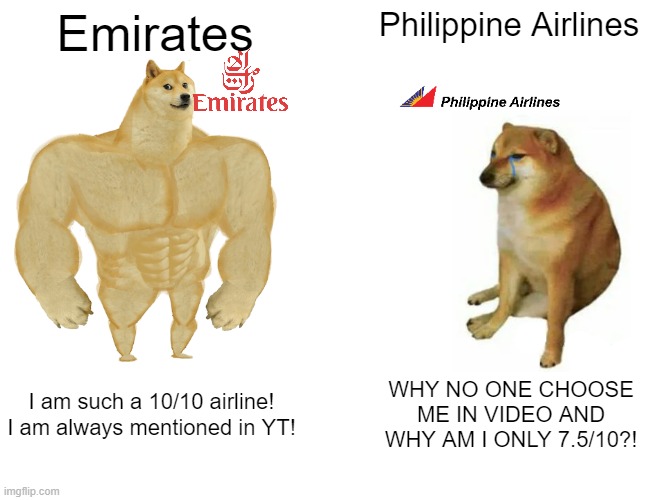 POV: Philippine Airlines | Emirates; Philippine Airlines; I am such a 10/10 airline! I am always mentioned in YT! WHY NO ONE CHOOSE ME IN VIDEO AND WHY AM I ONLY 7.5/10?! | image tagged in memes,buff doge vs cheems | made w/ Imgflip meme maker