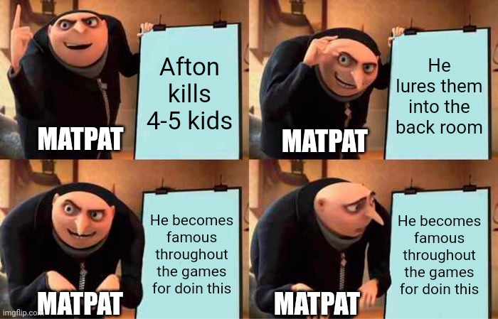 Gru's Plan | Afton kills 4-5 kids; He lures them into the back room; MATPAT; MATPAT; He becomes famous throughout the games for doin this; He becomes famous throughout the games for doin this; MATPAT; MATPAT | image tagged in memes,gru's plan | made w/ Imgflip meme maker