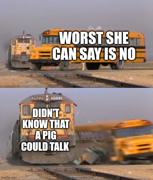 r/nicegirls | WORST SHE CAN SAY IS NO; DIDN'T KNOW THAT A PIG COULD TALK | image tagged in a train hitting a school bus,girls,love,romance | made w/ Imgflip meme maker