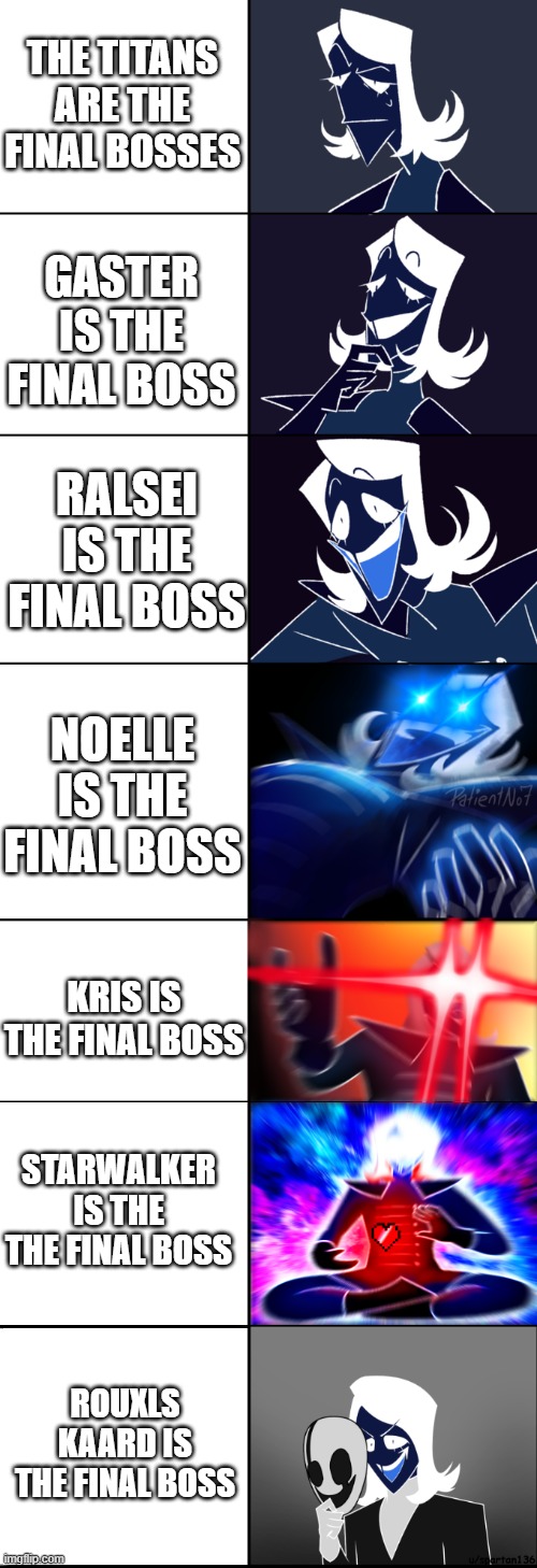 Deltarune final bosses | THE TITANS ARE THE FINAL BOSSES; GASTER IS THE FINAL BOSS; RALSEI IS THE FINAL BOSS; NOELLE IS THE FINAL BOSS; KRIS IS THE FINAL BOSS; STARWALKER IS THE THE FINAL BOSS; ROUXLS KAARD IS THE FINAL BOSS | image tagged in rouxls kaard large edition | made w/ Imgflip meme maker