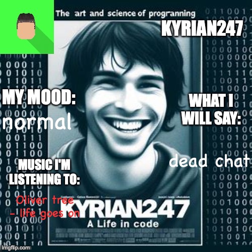 Kyrian247 5th announcement template | normal; dead chat; Oliver tree - life goes on | image tagged in kyrian247 5th announcement template | made w/ Imgflip meme maker