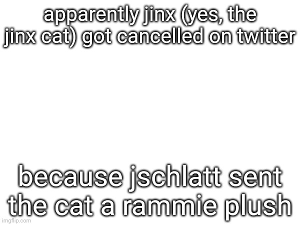 apparently jinx (yes, the jinx cat) got cancelled on twitter; because jschlatt sent the cat a rammie plush | made w/ Imgflip meme maker