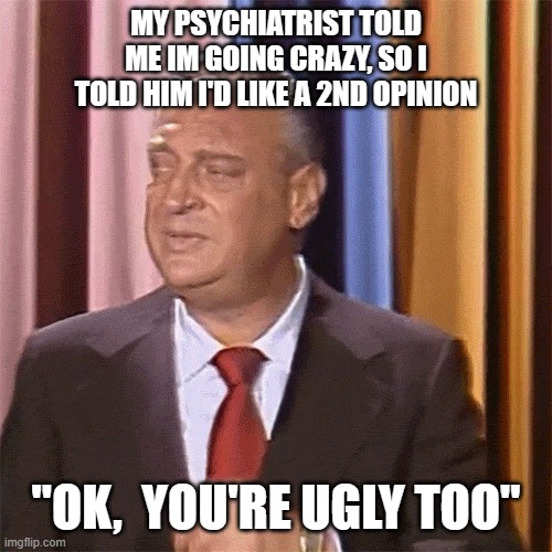 ugly too | MY PSYCHIATRIST TOLD ME IM GOING CRAZY, SO I TOLD HIM I'D LIKE A 2ND OPINION; "OK,  YOU'RE UGLY TOO" | image tagged in rodney gif | made w/ Imgflip meme maker