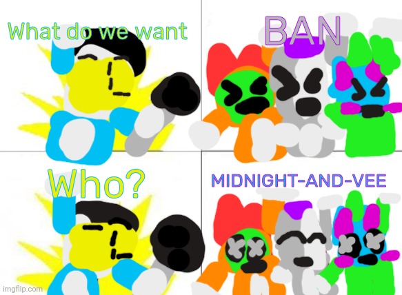 Knittens | What do we want; BAN; Who? MIDNIGHT-AND-VEE | image tagged in memes,what do we want | made w/ Imgflip meme maker