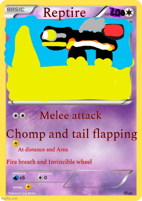 Pokémon Reptire | Reptire; Melee attack; Chomp and tail flapping; At distance and Area; Fire breath and Invincible wheel | image tagged in pok mon card,reptire | made w/ Imgflip meme maker