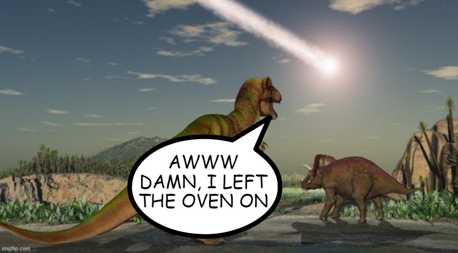 Why Worried? | AWWW DAMN, I LEFT THE OVEN ON | image tagged in dinosaurs meteor | made w/ Imgflip meme maker