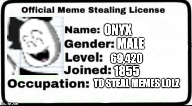 Meme Stealing License | ONYX; MALE; 69,420; 1855; TO STEAL MEMES LOLZ | image tagged in meme stealing license | made w/ Imgflip meme maker
