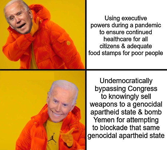 Biden's "values" are disturbing | Using executive powers during a pandemic to ensure continued healthcare for all citizens & adequate food stamps for poor people; Undemocratically bypassing Congress to knowingly sell weapons to a genocidal apartheid state & bomb Yemen for attempting to blockade that same genocidal apartheid state | image tagged in biden drake,pandemic,israel,palestine,democracy,food stamps | made w/ Imgflip meme maker