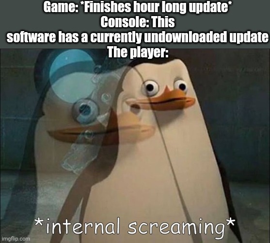 I really hope this doesn't happen with my new Splatoon 3 copy | Game: *Finishes hour long update*
Console: This software has a currently undownloaded update
The player: | image tagged in private internal screaming | made w/ Imgflip meme maker