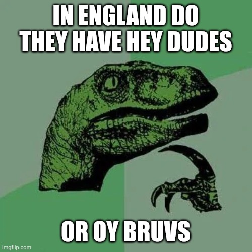 Hey dude | IN ENGLAND DO THEY HAVE HEY DUDES; OR OY BRUVS | image tagged in raptor asking questions,hey dudes,bruv | made w/ Imgflip meme maker