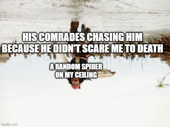 Imagine what are Spiderman fans thinking rn | HIS COMRADES CHASING HIM BECAUSE HE DIDN'T SCARE ME TO DEATH; A RANDOM SPIDER ON MY CEILING | image tagged in memes,jack sparrow being chased | made w/ Imgflip meme maker