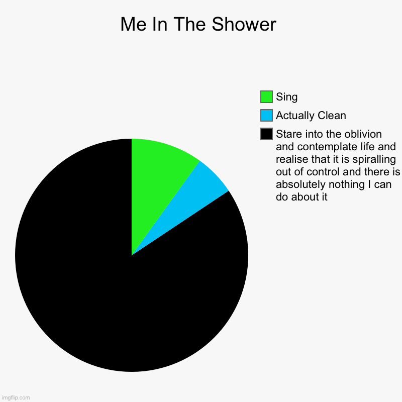 Ah yes, the wonders of showering :) | Me In The Shower | Stare into the oblivion and contemplate life and realise that it is spiralling out of control and there is absolutely not | image tagged in charts,pie charts,funny,shower,relatable | made w/ Imgflip chart maker