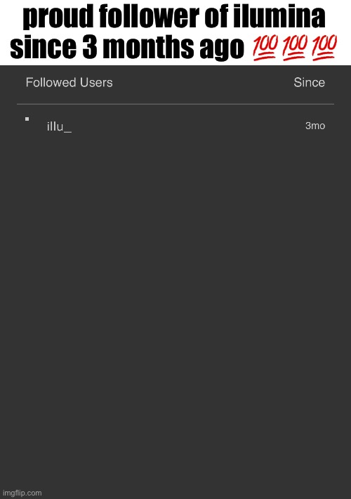 proud follower of ilumina since 3 months ago 💯💯💯 | made w/ Imgflip meme maker