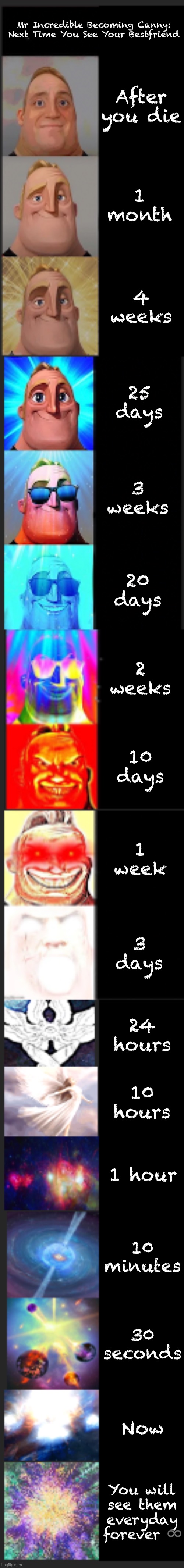 Mr Incredible Becoming Canny: Next time you will see your Bestfriend | Mr Incredible Becoming Canny: Next Time You See Your Bestfriend; After you die; 1 month; 4 weeks; 25 days; 3 weeks; 20 days; 2 weeks; 10 days; 1 week; 3 days; 24 hours; 10 hours; 1 hour; 10 minutes; 30 seconds; Now; You will see them everyday forever ♾️ | image tagged in mr incredible becoming canny extended | made w/ Imgflip meme maker