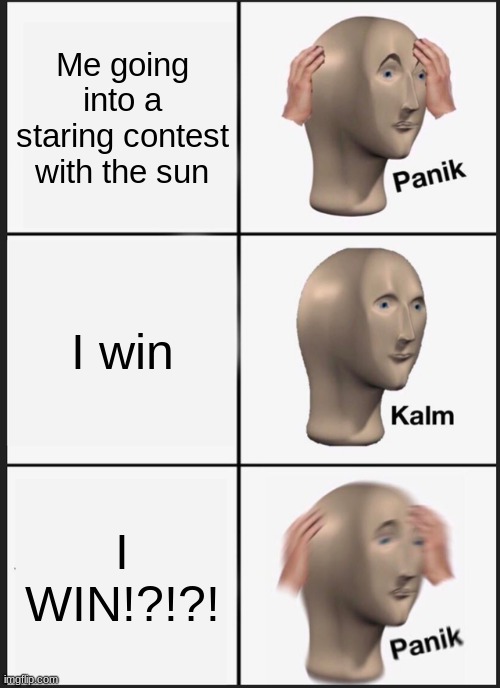 when you go into a staring contest with sun | Me going into a staring contest with the sun; I win; I WIN!?!?! | image tagged in memes,panik kalm panik | made w/ Imgflip meme maker