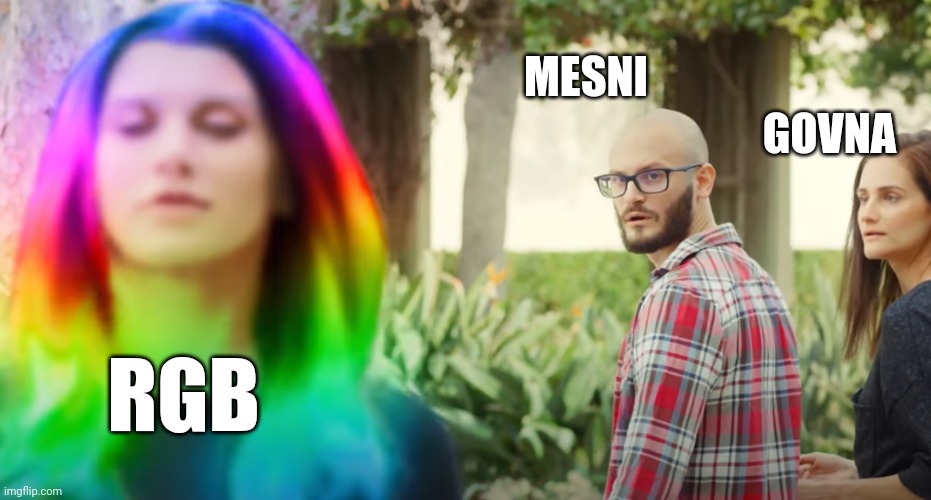 distracted rgb boyfriend | MESNI; GOVNA; RGB | image tagged in distracted rgb boyfriend | made w/ Imgflip meme maker
