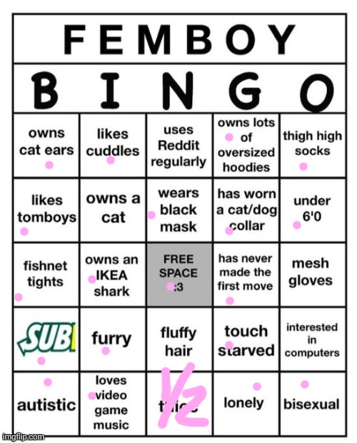 Femboy Bingo | image tagged in femboy bingo | made w/ Imgflip meme maker