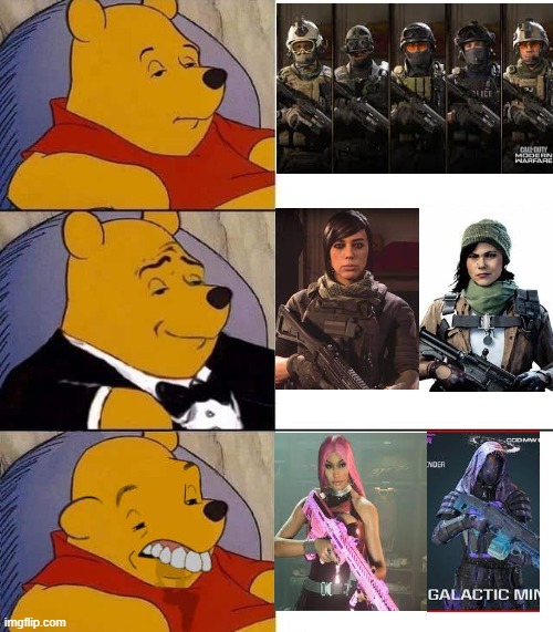 Winnie The Pooh's thoughts on COD skins. | image tagged in tuxedo winnie the pooh derpy,call of duty,modern warfare iii | made w/ Imgflip meme maker