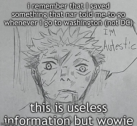 i'm autestic | i remember that I saved something that nar told me to go whenever i go to washington (not DC); this is useless information but wowie | image tagged in i'm autestic | made w/ Imgflip meme maker