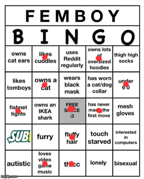 i came back and this is the current trend woo hoo | image tagged in femboy bingo | made w/ Imgflip meme maker