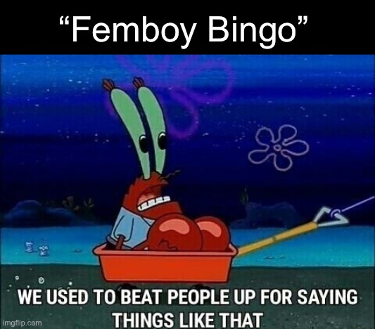 . | “Femboy Bingo” | image tagged in mr krabs we used to beat people up for saying things like that | made w/ Imgflip meme maker
