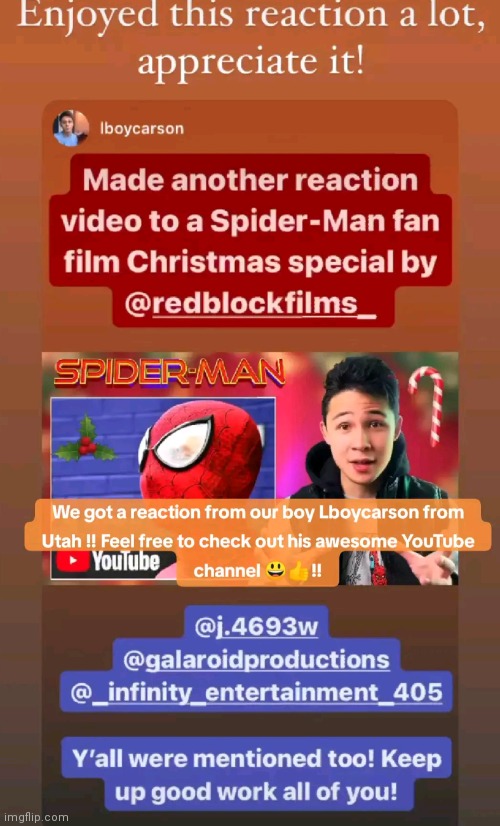 Once again thank you to my bro LBOYCARSON for reacting to the ultimate spider-man Christmas special by Redblock film's ?!! Be su | image tagged in lboycarson,spider man christmas,spider-man reaction,christmas,spider-man,redblock film's | made w/ Imgflip meme maker