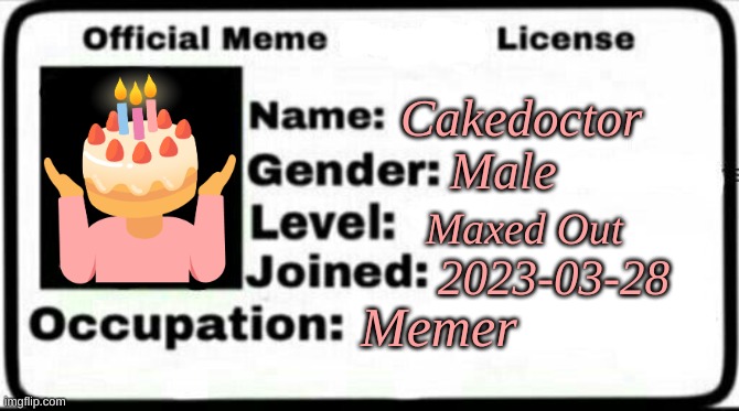 Made this in my free time | Cakedoctor; Male; Maxed Out; 2023-03-28; Memer | image tagged in meme | made w/ Imgflip meme maker