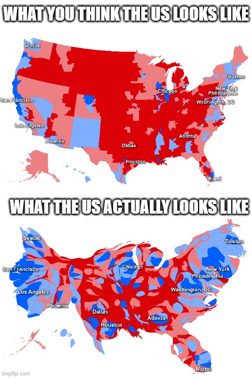 Democrats vs. Republicans population map | WHAT YOU THINK THE US LOOKS LIKE; WHAT THE US ACTUALLY LOOKS LIKE | image tagged in democrats,republicans,map,united states | made w/ Imgflip meme maker
