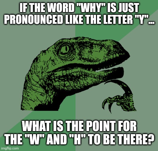 Y | IF THE WORD "WHY" IS JUST PRONOUNCED LIKE THE LETTER "Y"... WHAT IS THE POINT FOR THE "W" AND "H" TO BE THERE? | image tagged in philosoraptor | made w/ Imgflip meme maker